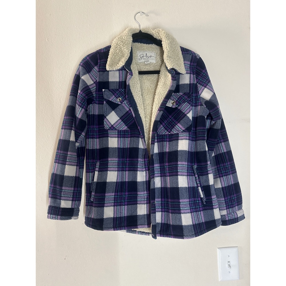 Soho Threads Womens Fleece Lined Plaid Jacket Purple Navy Blue Shacket Medium